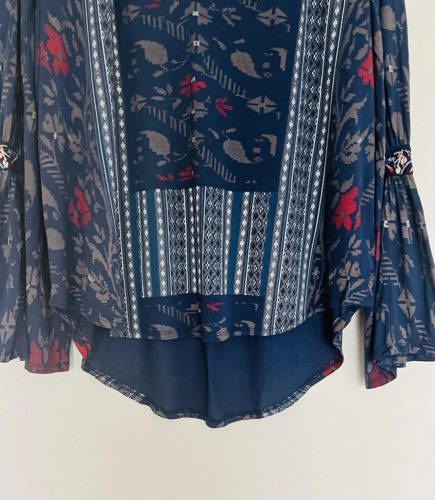 LUCKY BRAND Bell Sleeve Blouse Boho Floral Striped Pullover Top Hi-Low Tunic