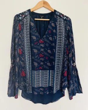 LUCKY BRAND Bell Sleeve Blouse Boho Floral Striped Pullover Top Hi-Low Tunic