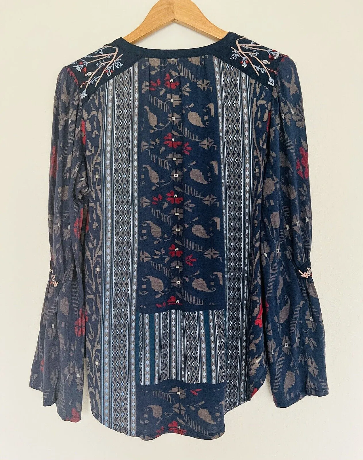 LUCKY BRAND Bell Sleeve Blouse Boho Floral Striped Pullover Top Hi-Low Tunic