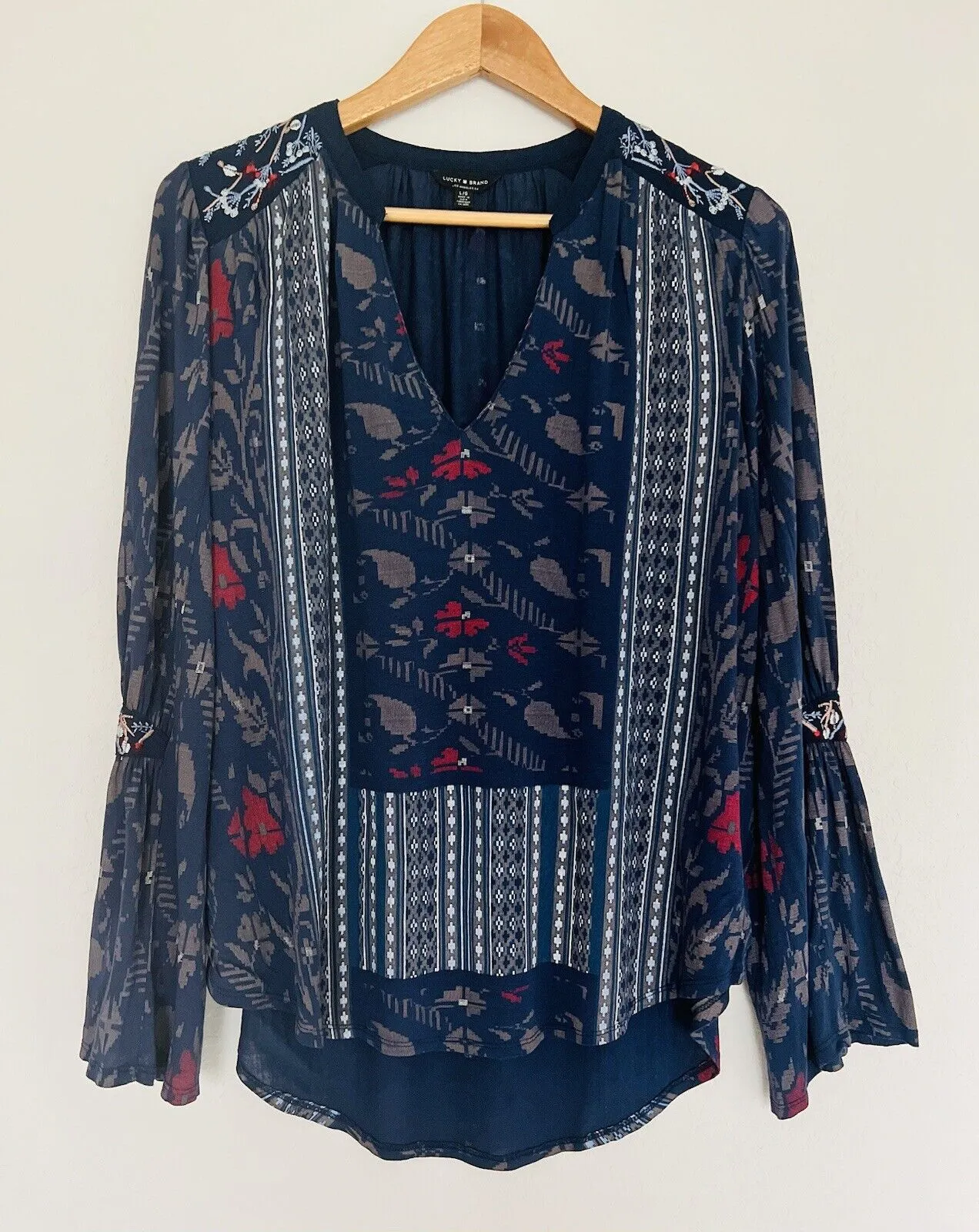 LUCKY BRAND Bell Sleeve Blouse Boho Floral Striped Pullover Top Hi-Low Tunic