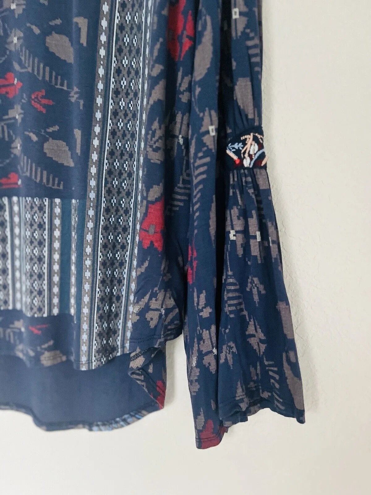 LUCKY BRAND Bell Sleeve Blouse Boho Floral Striped Pullover Top Hi-Low Tunic