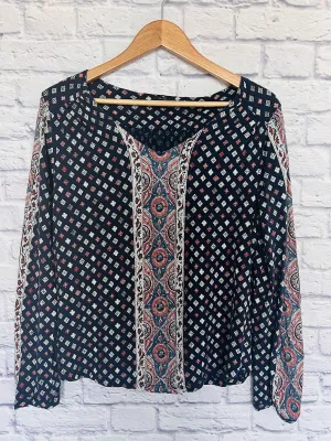 LUCKY BRAND Womens Argyle Long Sleeve Shirt Sz L Diamond Print Blouse Casual
