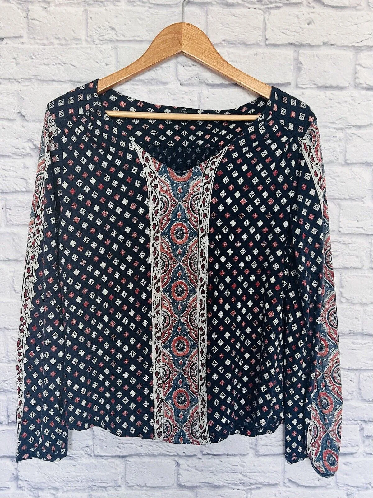 LUCKY BRAND Womens Argyle Long Sleeve Shirt Sz L Diamond Print Blouse Casual