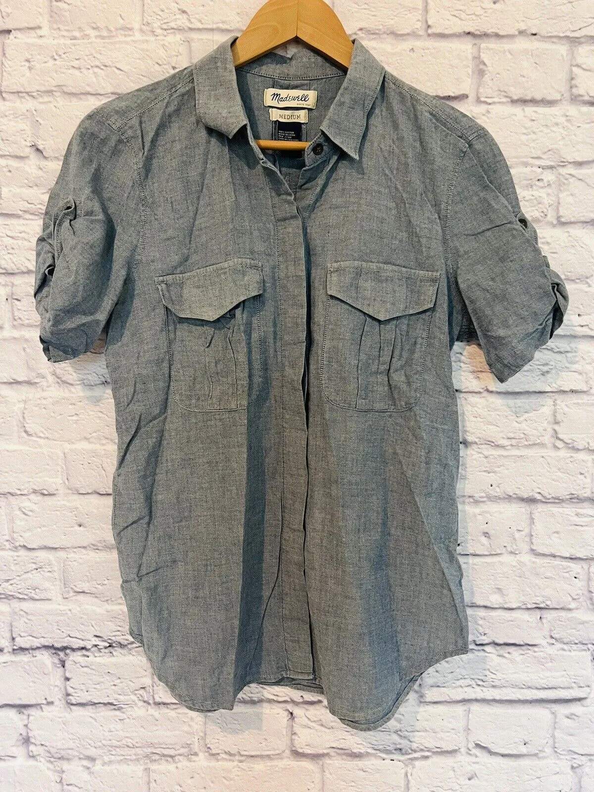 MADEWELL Womens Botton Up Shirt Gray Sz M Short Sleeve Classic Workwear Career