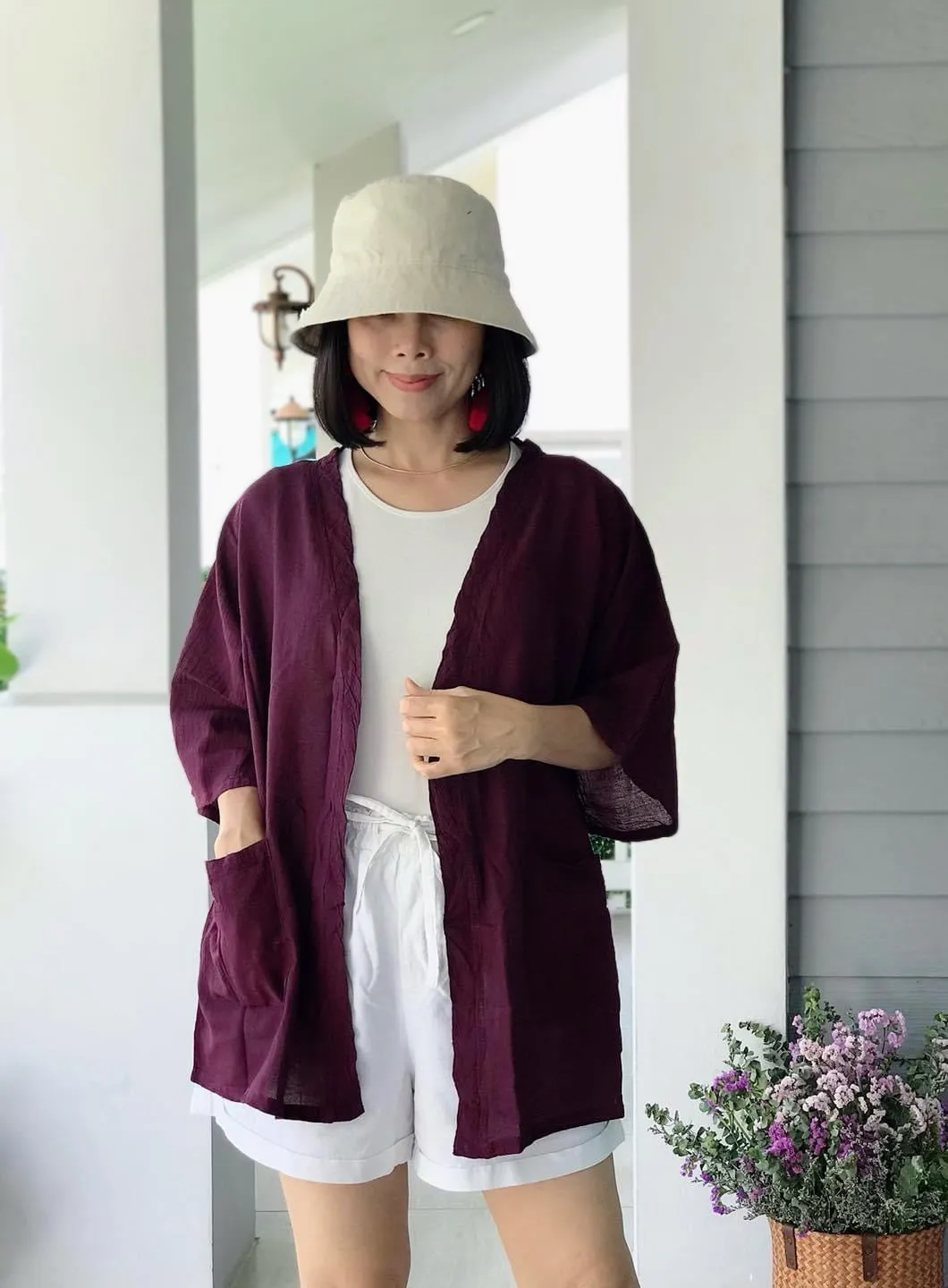 Mangosteen Raw Natural Cotton Gauze Cardigan with Pockets