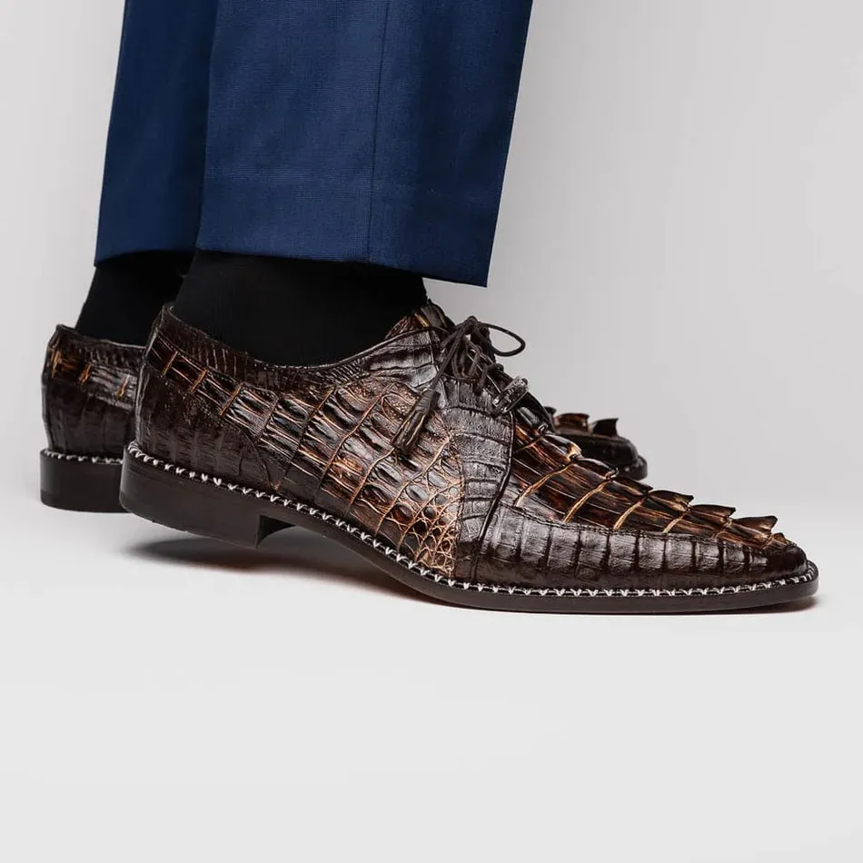 Marco Di Milano Caribe Men's Shoes Orix & Brown Exotic Hornback Crocodile Skin Derby Oxfords