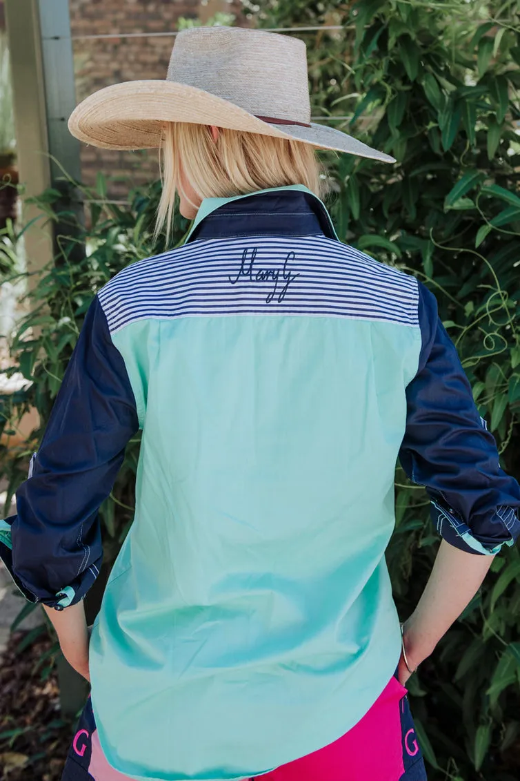 Mary G Ladies Harlequin Closed Front Long Sleeve Shirt - Mint/French Navy