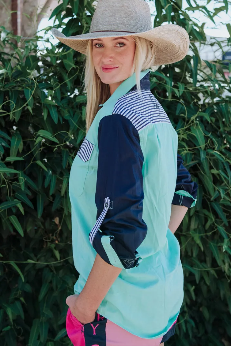 Mary G Ladies Harlequin Closed Front Long Sleeve Shirt - Mint/French Navy