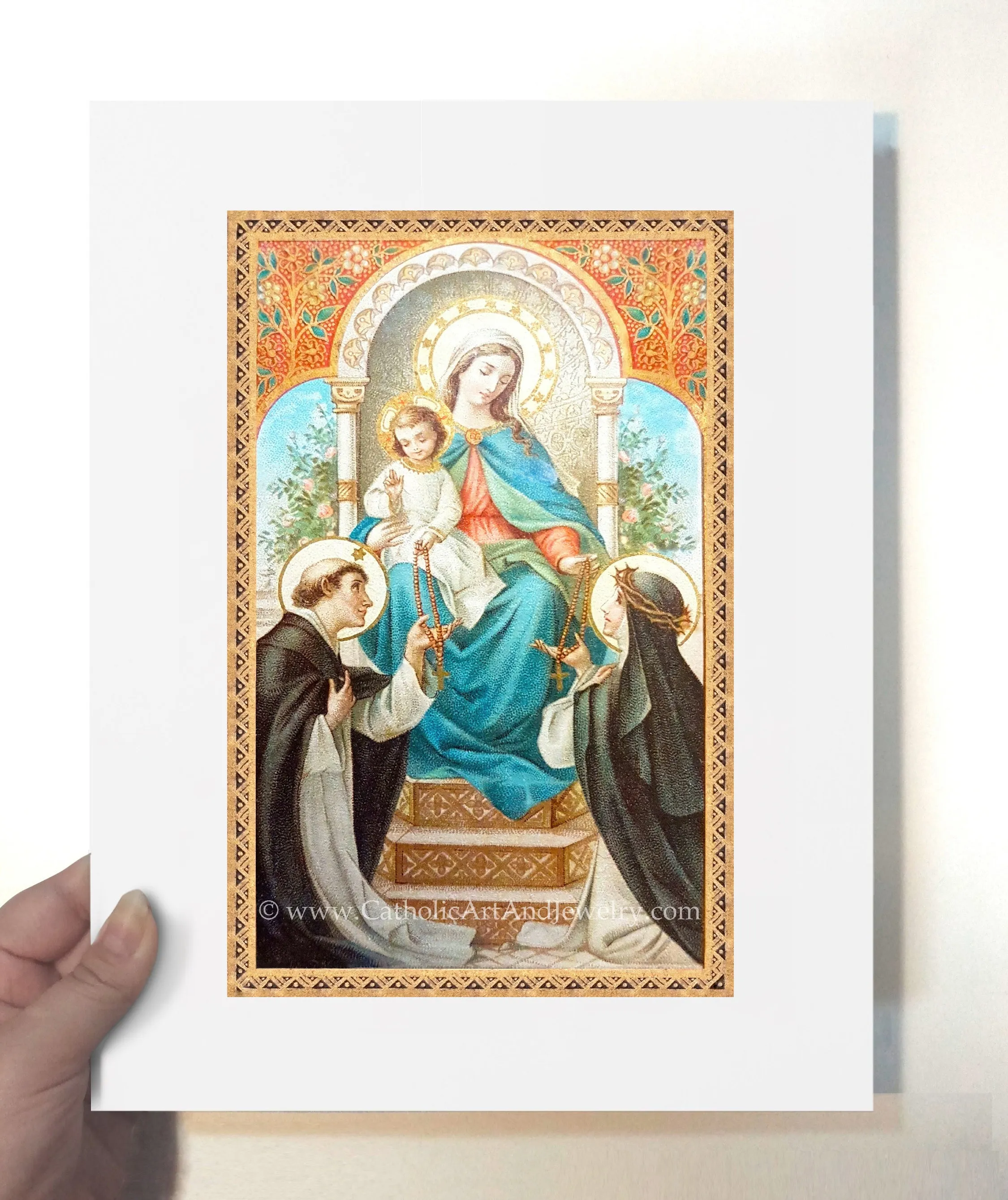 Mary Gives the Rosary – based on a Vintage French Holy Card – Catholic Art Print – Catholic Gift