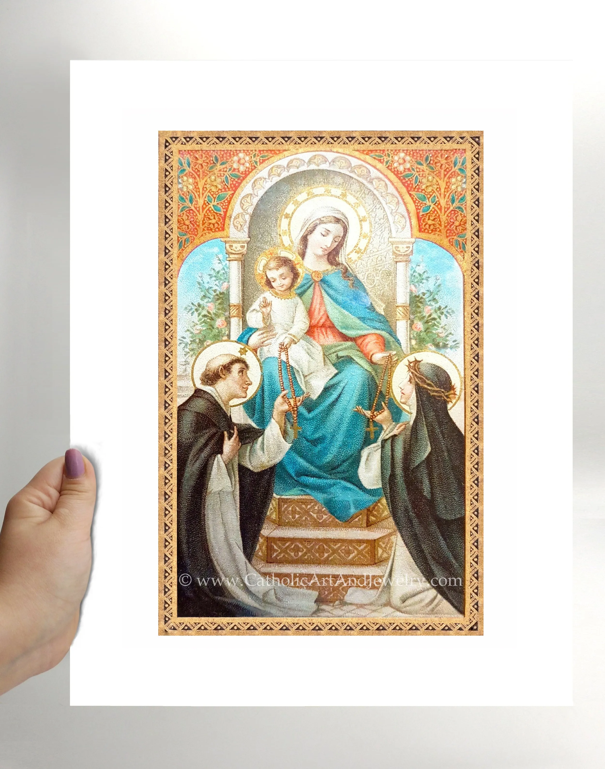 Mary Gives the Rosary – based on a Vintage French Holy Card – Catholic Art Print – Catholic Gift