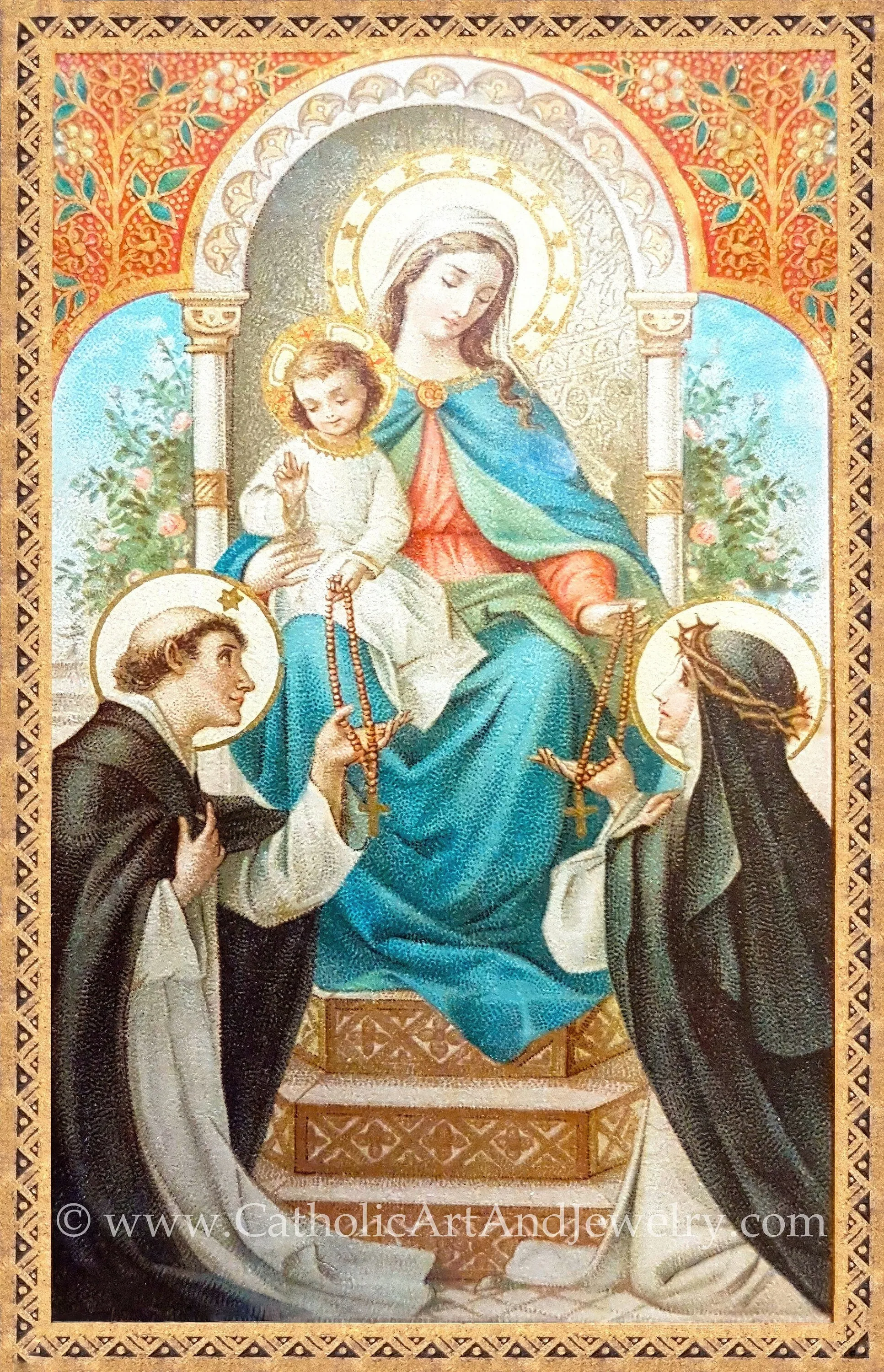 Mary Gives the Rosary – based on a Vintage French Holy Card – Catholic Art Print – Catholic Gift