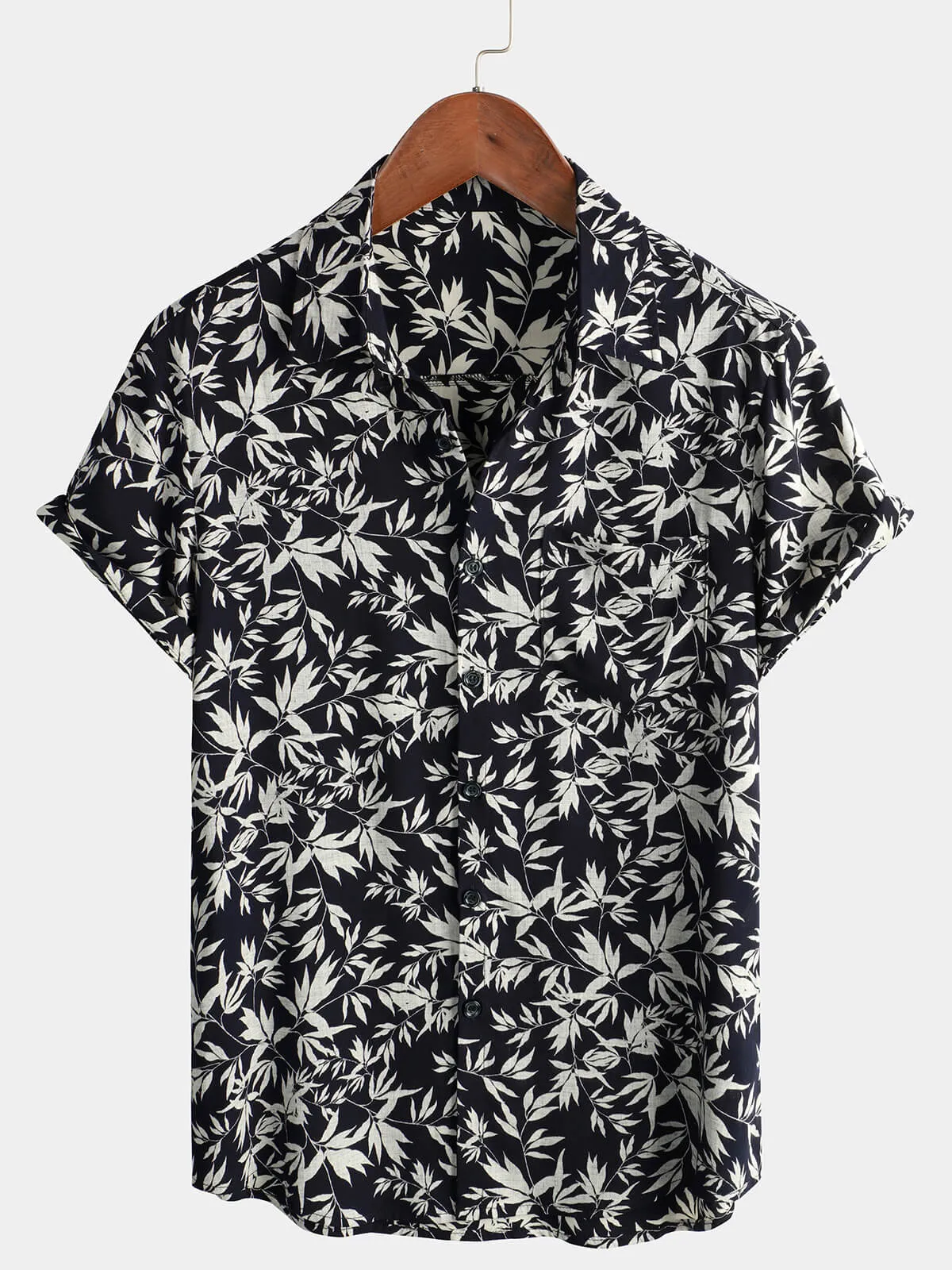 Men's Casual Leaf Print Short Sleeve Hawaiian Shirt