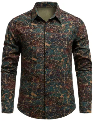 Men's Casual Retro Print Long Sleeve Button Up Shirt
