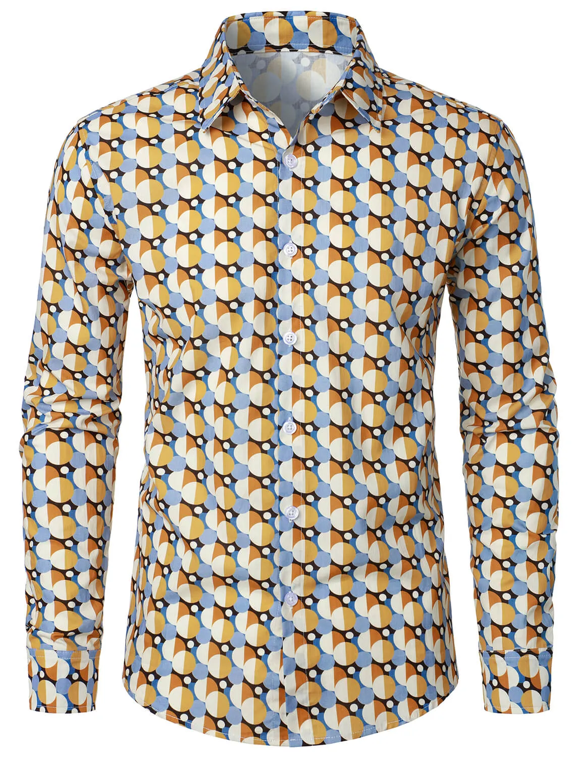 Men's Cotton Round Geometric Button Up Casual Long Sleeve Shirt