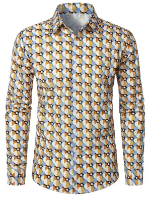 Men's Cotton Round Geometric Button Up Casual Long Sleeve Shirt