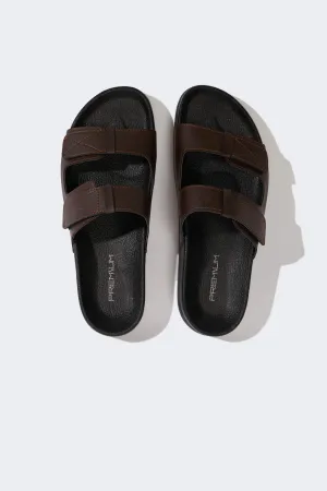 Mens Flat Bottom Double Band Faux Leather Slipper