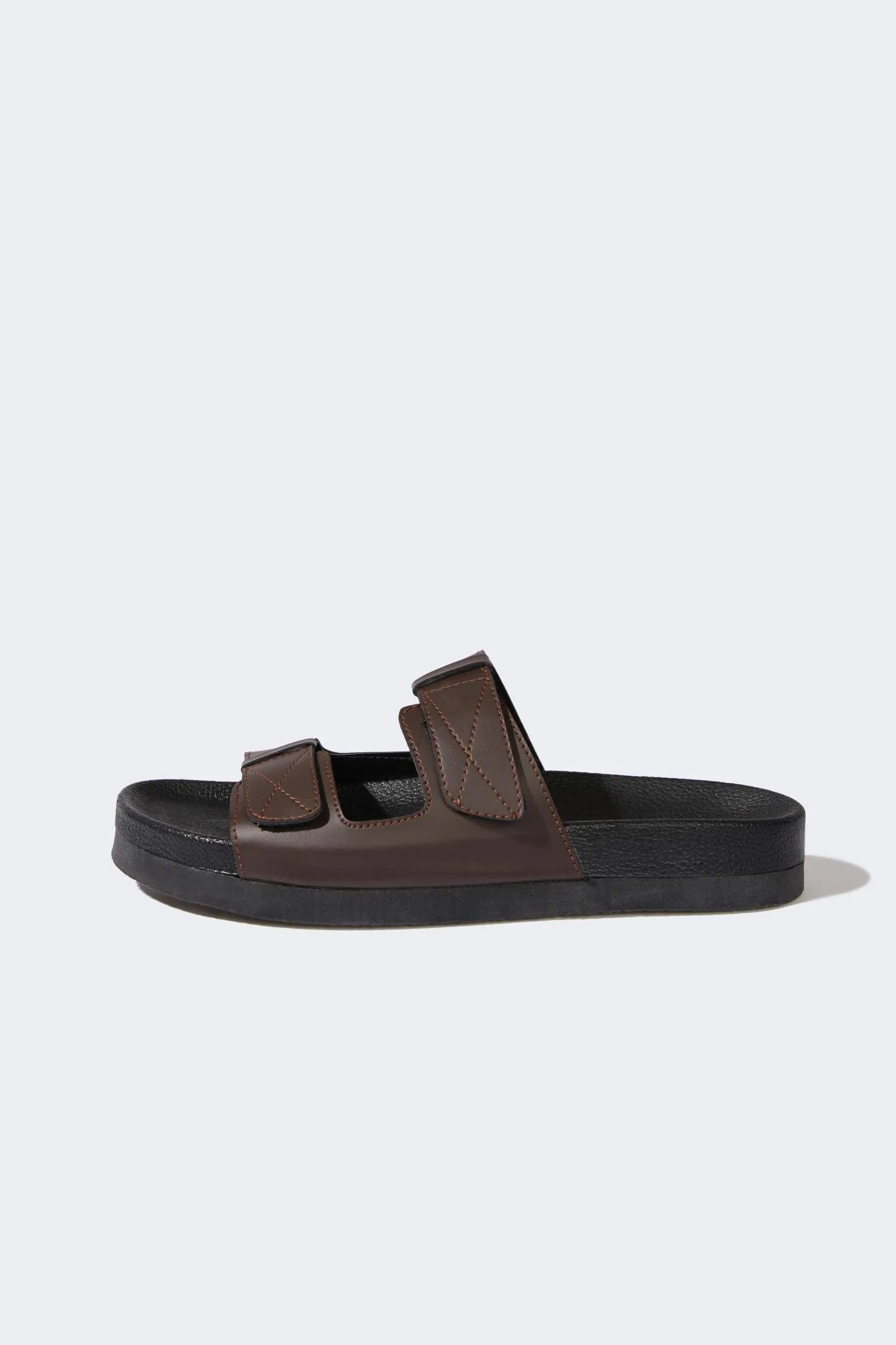 Mens Flat Bottom Double Band Faux Leather Slipper