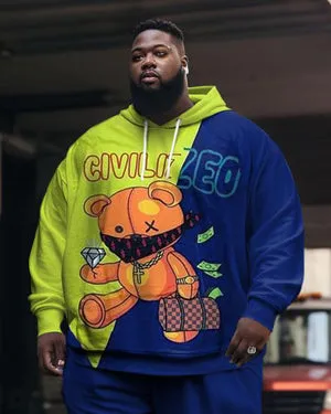 Men's Plus Size Casual Hip Hop Bear Diamond Long Sleeve Hoodie Set