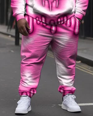 Men's Plus Size Casual Pink Art Money Pattern Hoodie Two-Piece Set