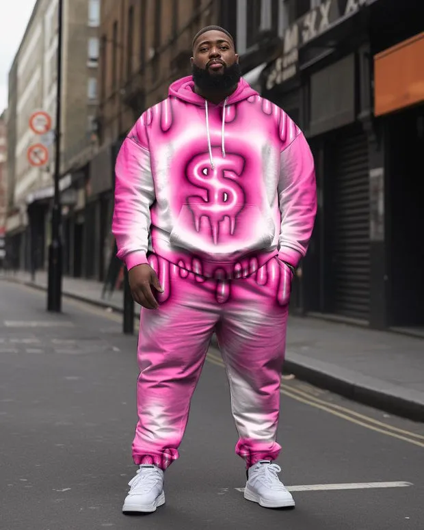 Men's Plus Size Casual Pink Art Money Pattern Hoodie Two-Piece Set