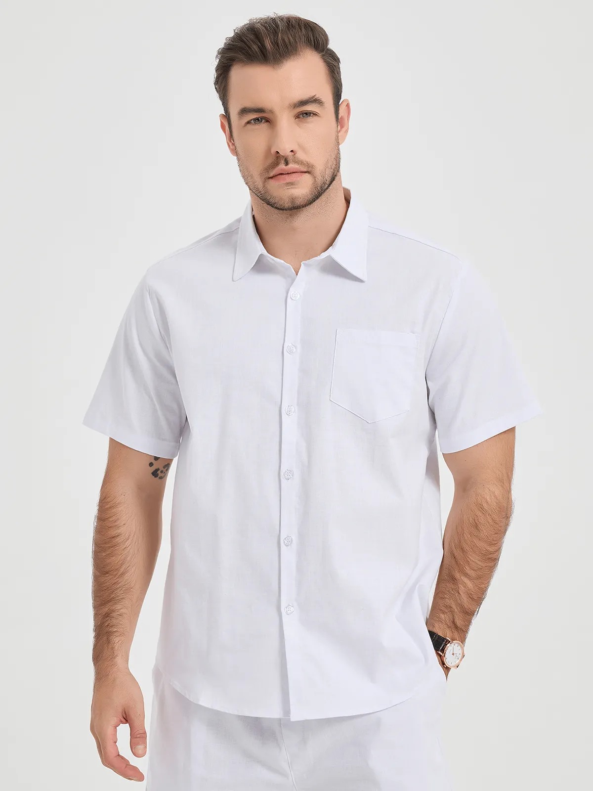 Men's Solid Color Linen Cotton Pocket Casual Button Short Sleeve Shirt