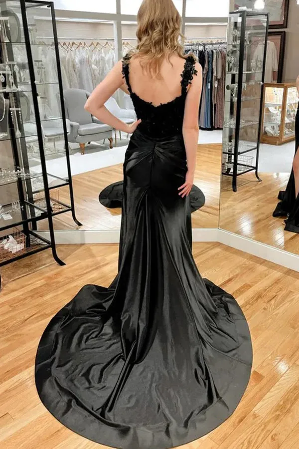 Mermaid Appliques Pleated Side Slit Black Long Prom Dress TP1381