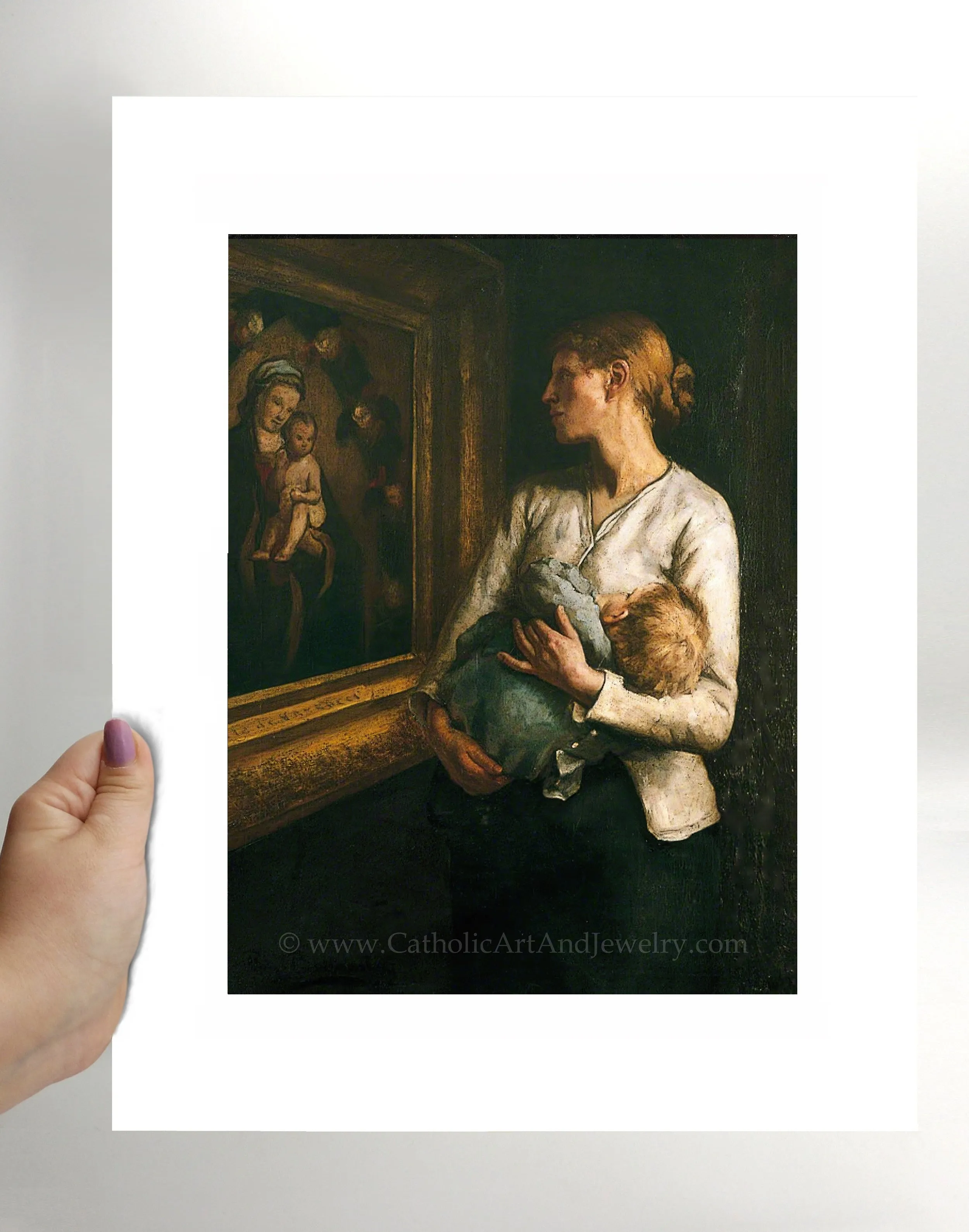 Mother and Child Looking at the Virgin and Child – Gift for Catholic Mother – Archival Quality – Catholic Art