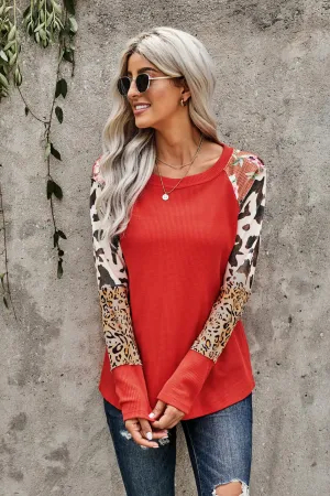 Multi Print Color-block Sleeves Waffle Knit Top