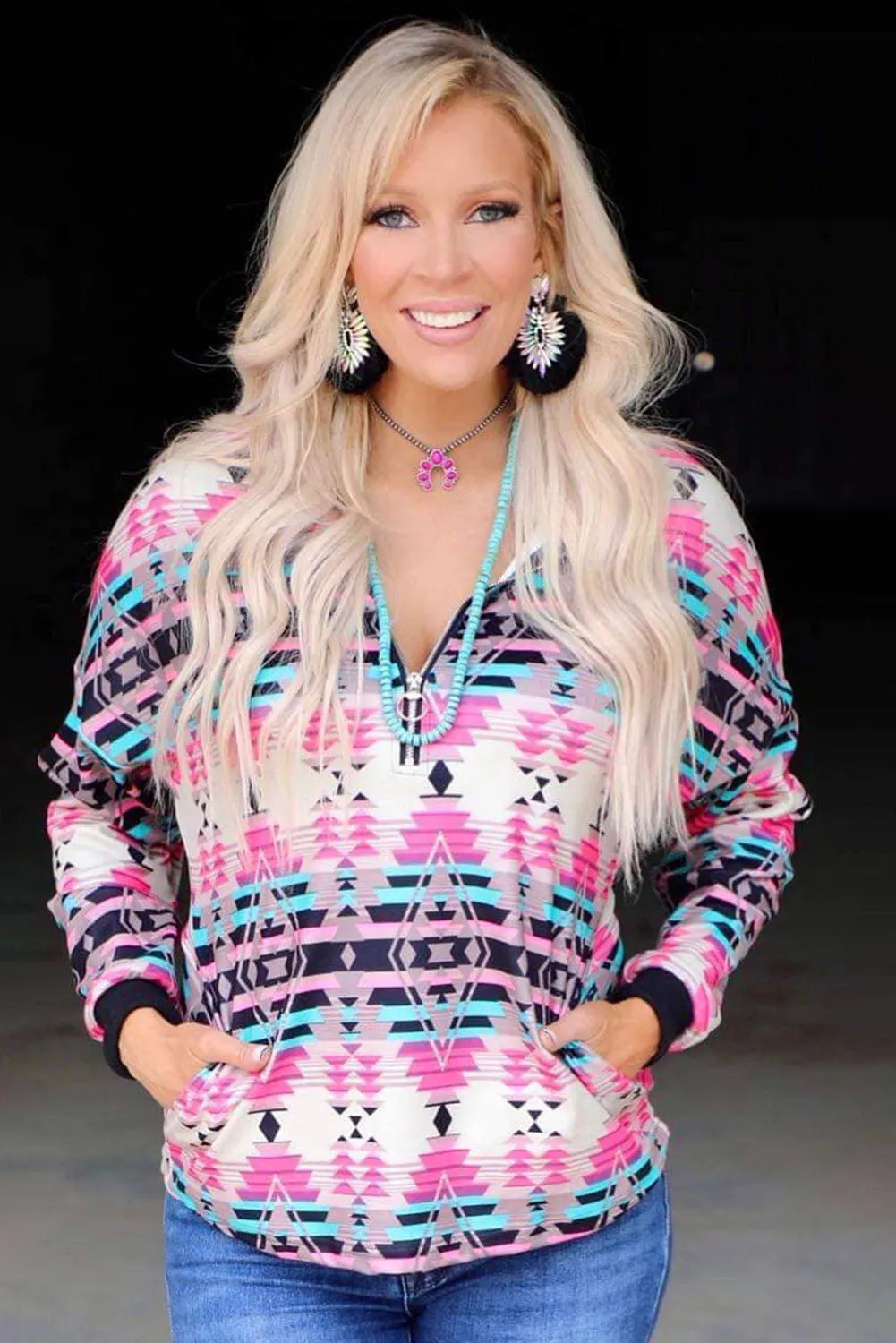 Multicolor Western Aztec Pattern Zipped Turn-down Collar Sweatshirt