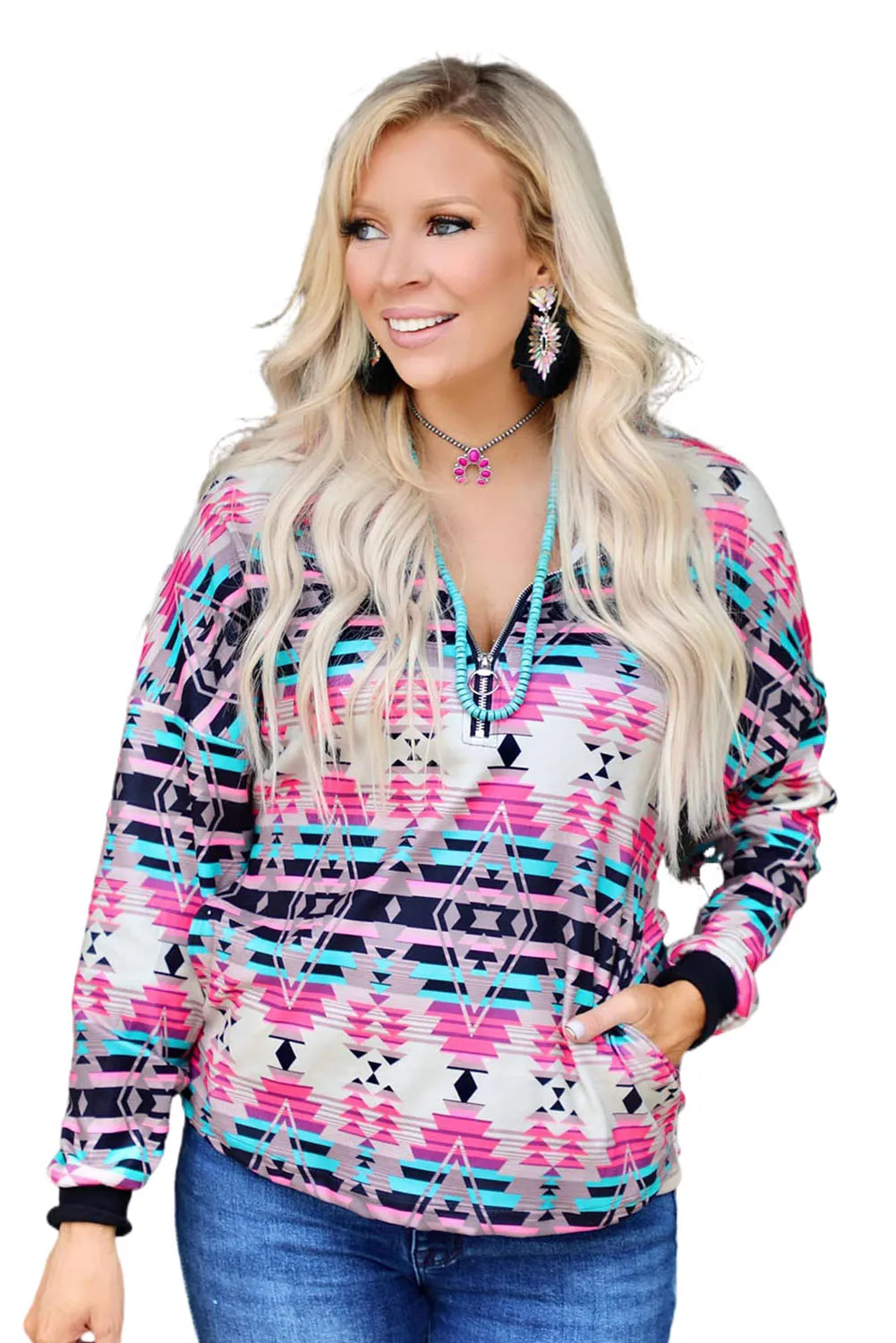 Multicolor Western Aztec Pattern Zipped Turn-down Collar Sweatshirt