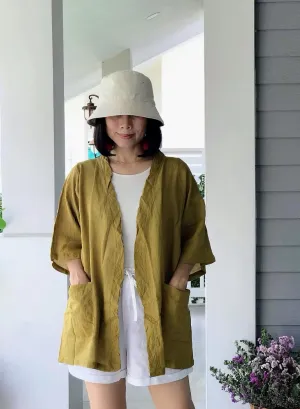 Mustard Yellow Raw Natural Cotton Gauze Cardigan with Pockets