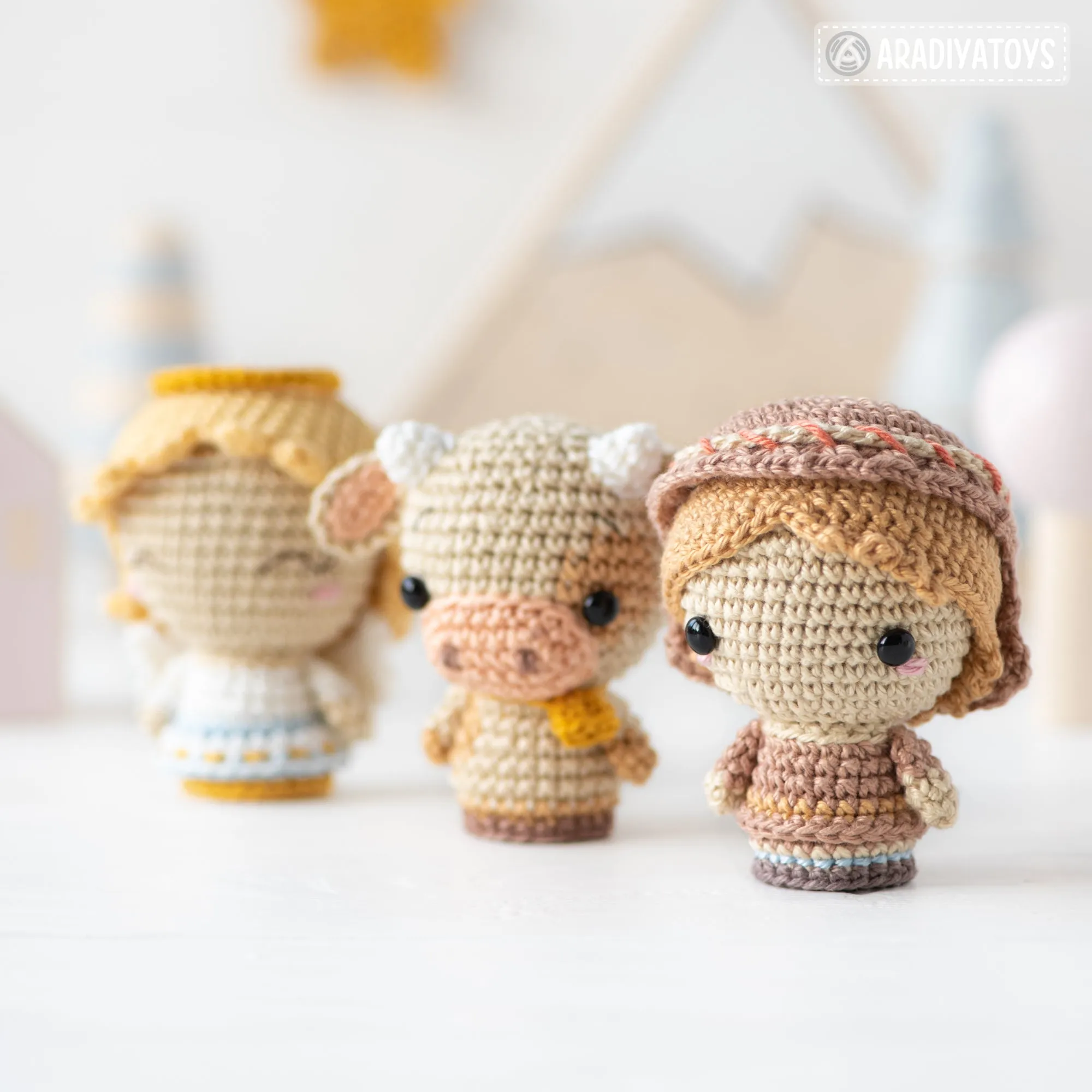 Nativity Minis set 3 from “AradiyaToys Minis” collection / nativity scene crochet pattern (Amigurumi tutorial PDF file), shepherd, camel, ox