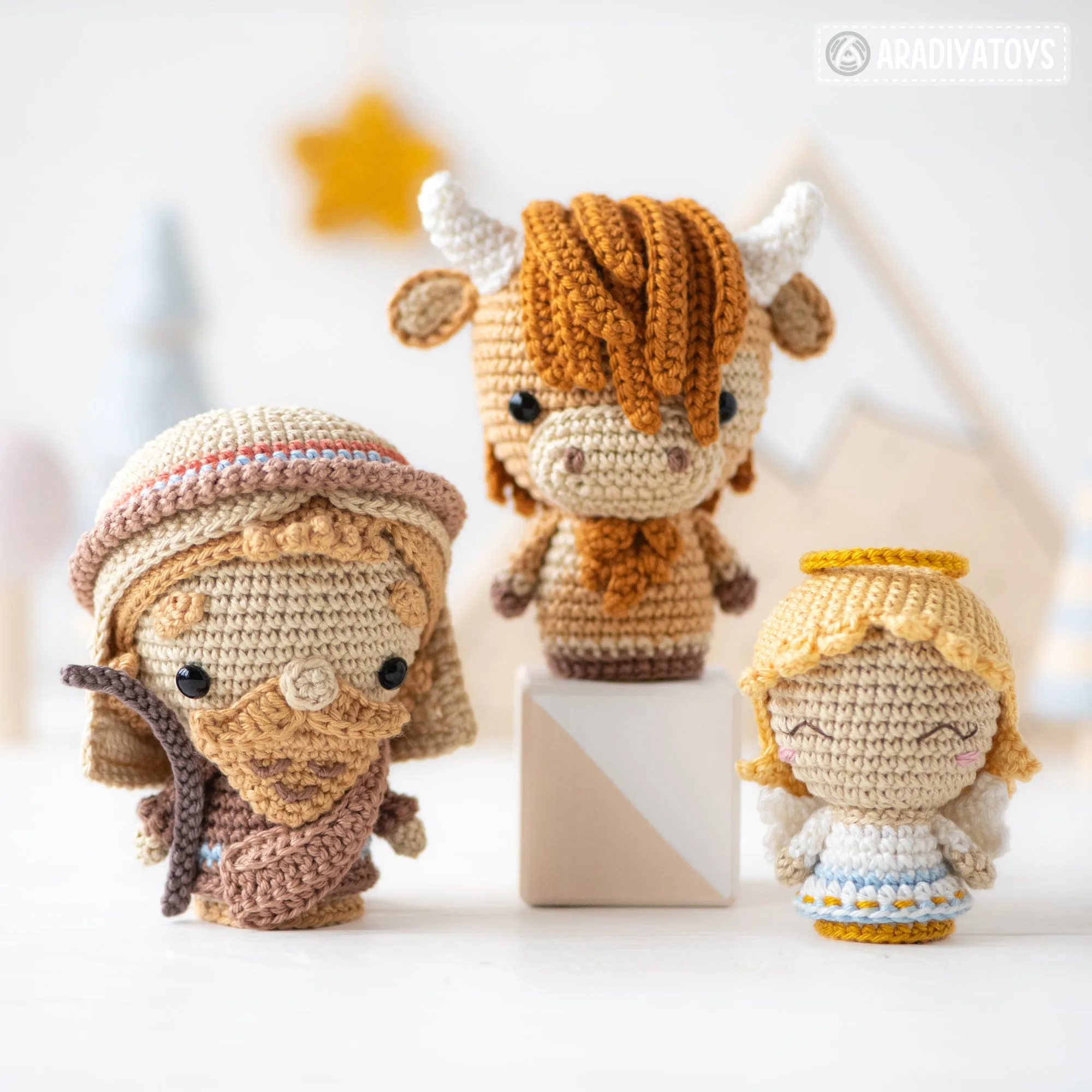 Nativity Minis set 3 from “AradiyaToys Minis” collection / nativity scene crochet pattern (Amigurumi tutorial PDF file), shepherd, camel, ox