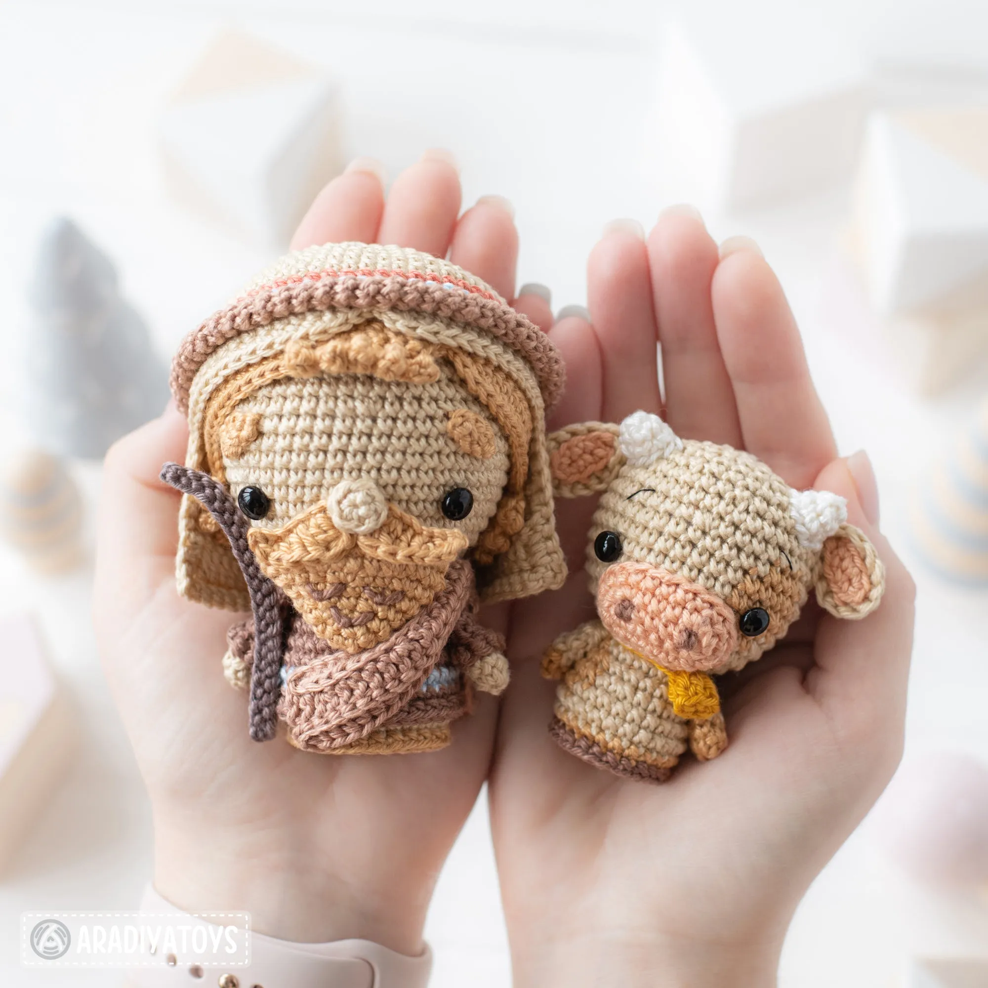 Nativity Minis set 3 from “AradiyaToys Minis” collection / nativity scene crochet pattern (Amigurumi tutorial PDF file), shepherd, camel, ox