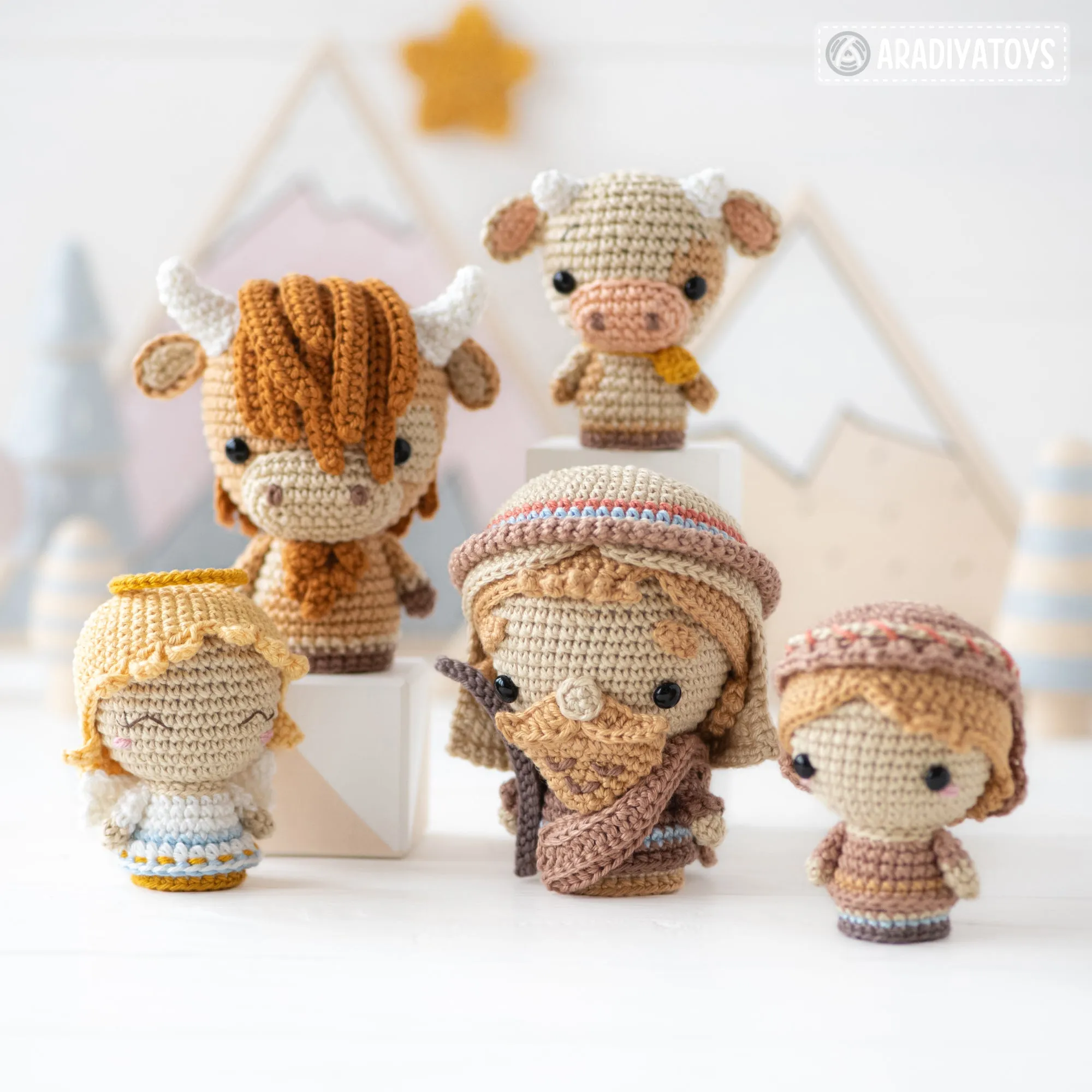 Nativity Minis set 3 from “AradiyaToys Minis” collection / nativity scene crochet pattern (Amigurumi tutorial PDF file), shepherd, camel, ox