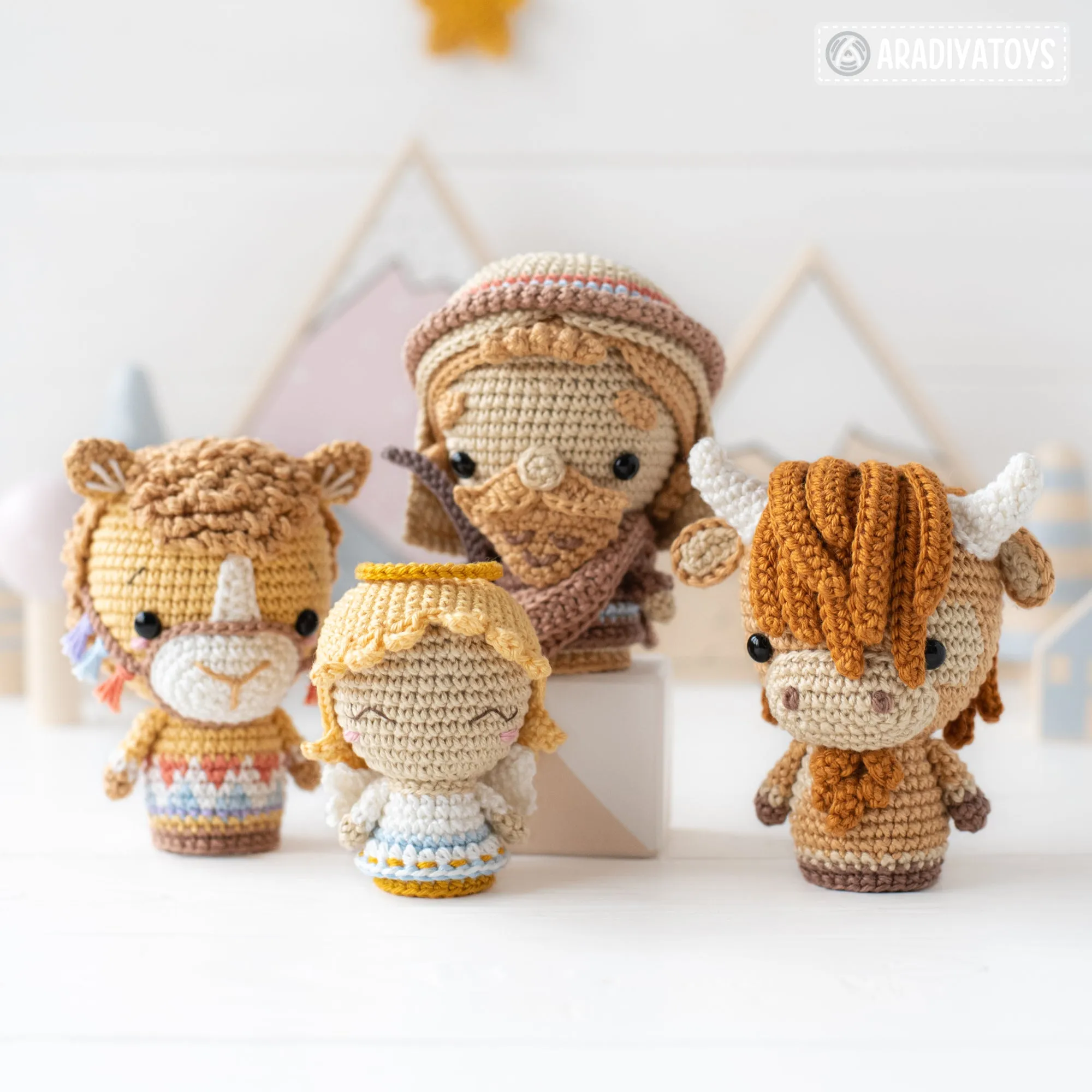 Nativity Minis set 3 from “AradiyaToys Minis” collection / nativity scene crochet pattern (Amigurumi tutorial PDF file), shepherd, camel, ox