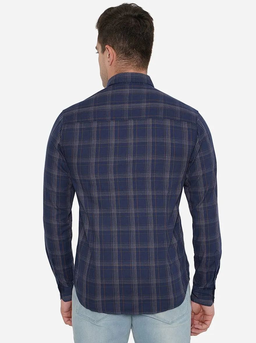 Navy Blue Checked Slim Fit Semi Casual Shirt | Greenfibre