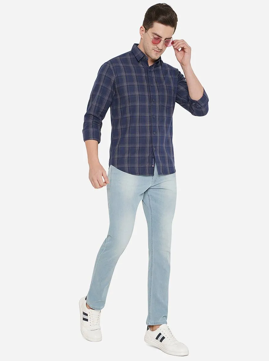 Navy Blue Checked Slim Fit Semi Casual Shirt | Greenfibre