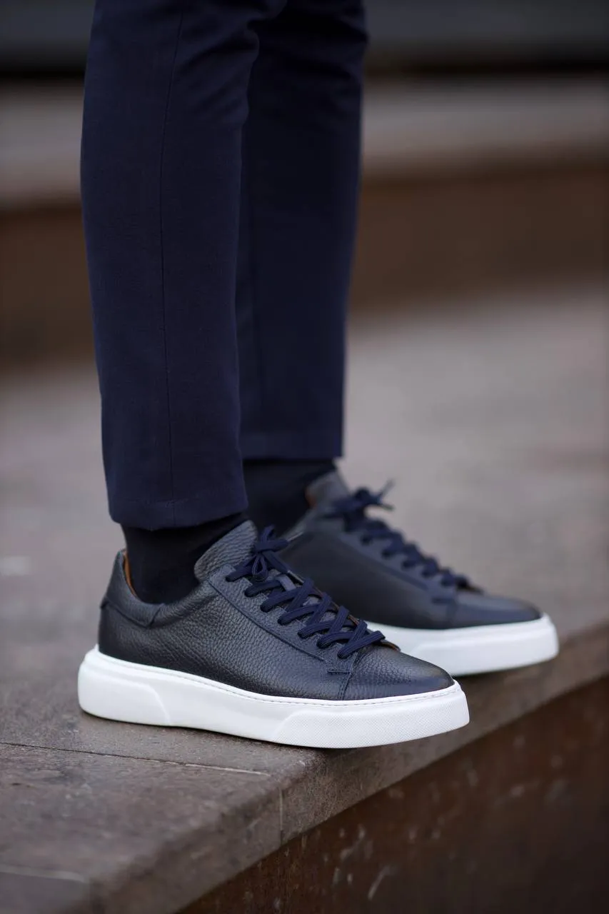 Navy Blue Grainy Leather Sneakers