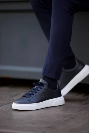 Navy Blue Grainy Leather Sneakers