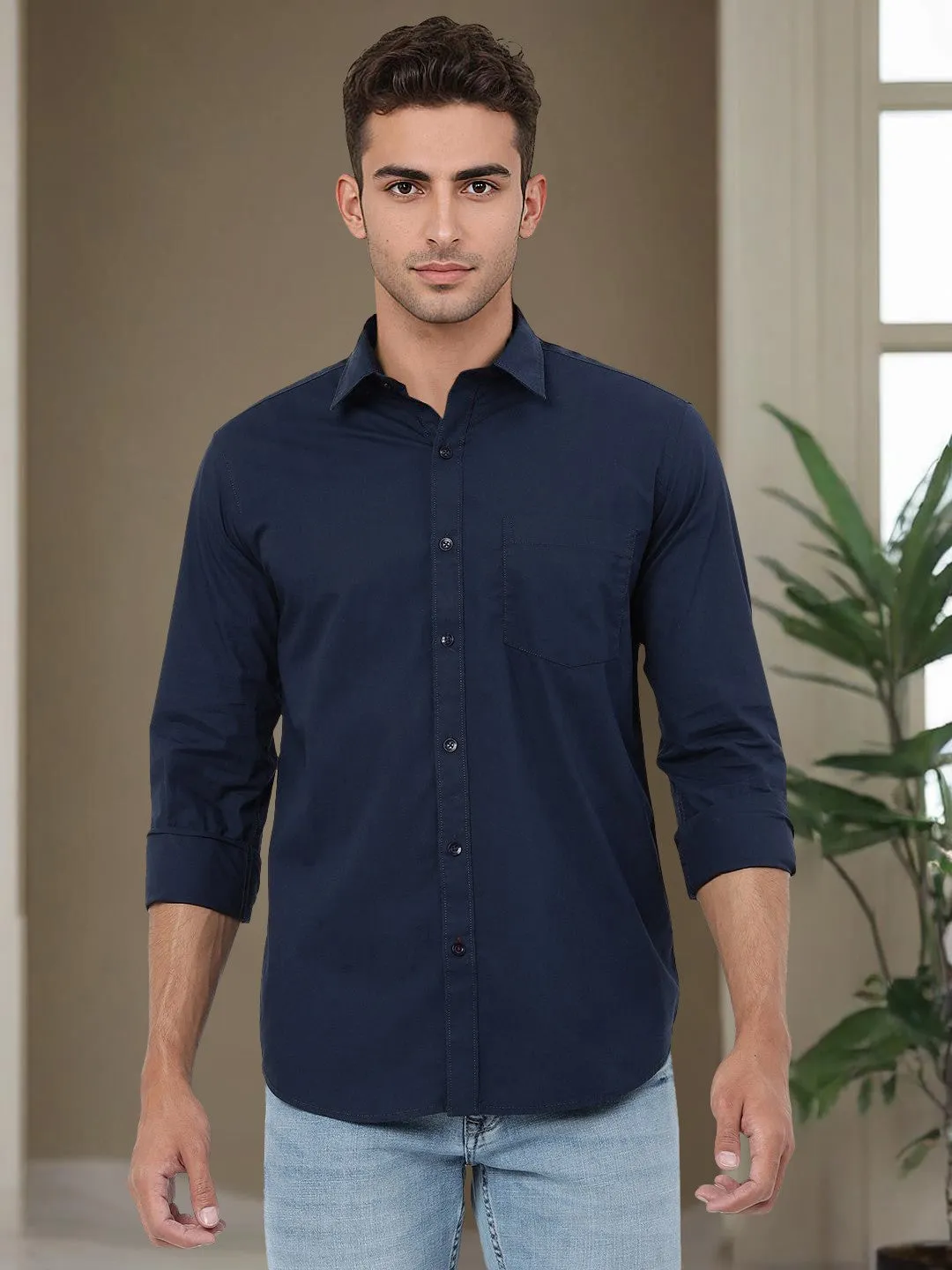 Navy Blue Solid Smart Fit Semi Casual Shirt | Greenfibre