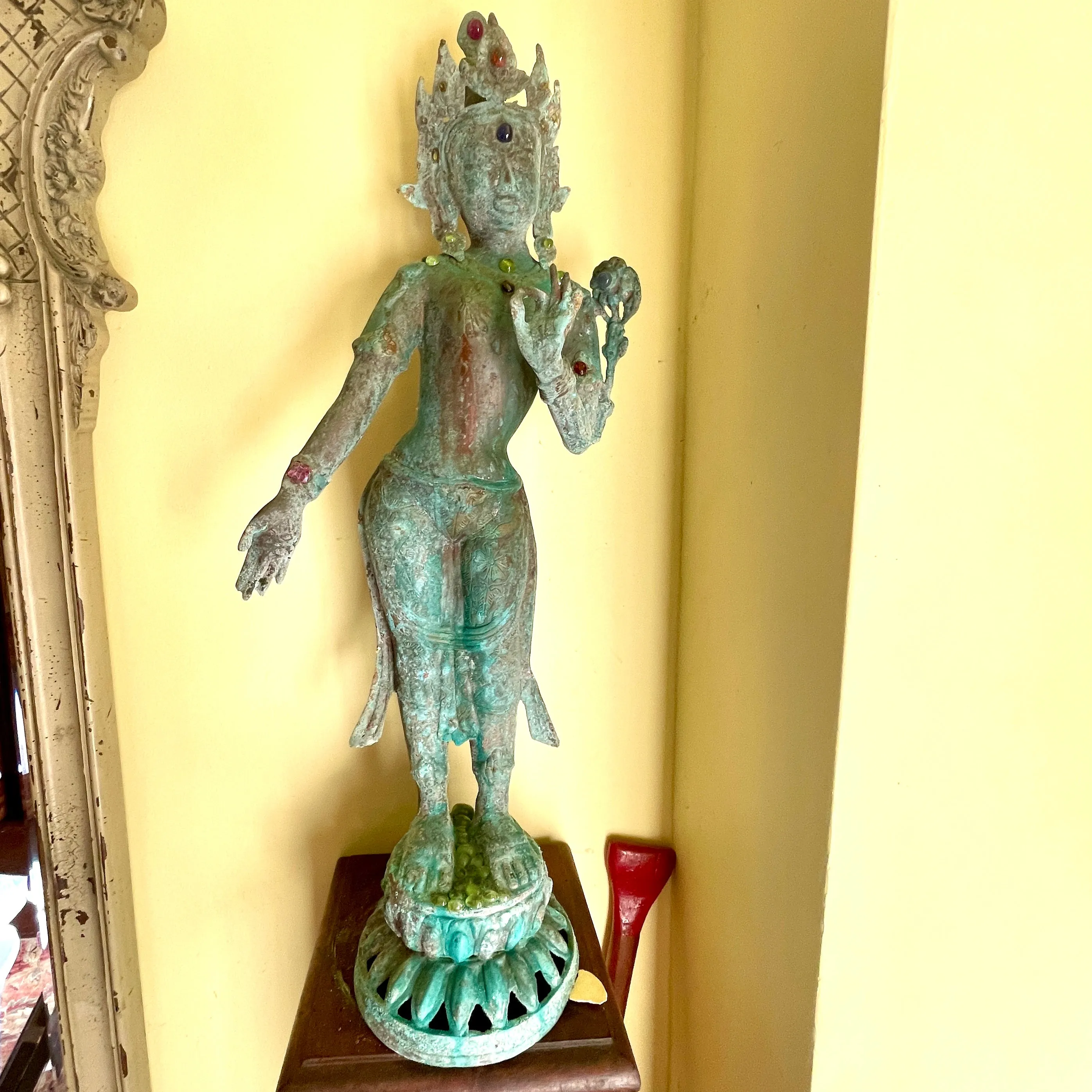 Nepal Bronze / Copper Goddess with Ruby, Sapphire, Peridot