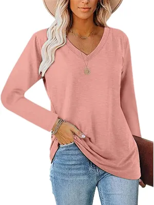 New isermeo Women's Long Sleeve V Neck Basic T in Heather Pink, Sz L!