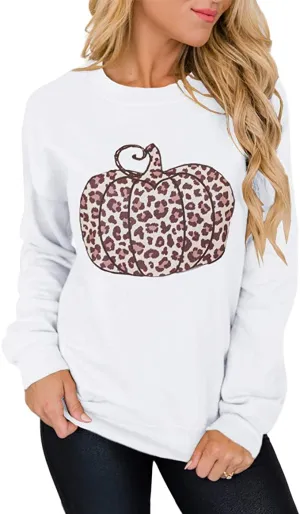 New Jeemery Women's Leopard Print Pumpkin Graphic Crewneck Long Sleeve Casual Loose Fit Sweater, White, Sz S
