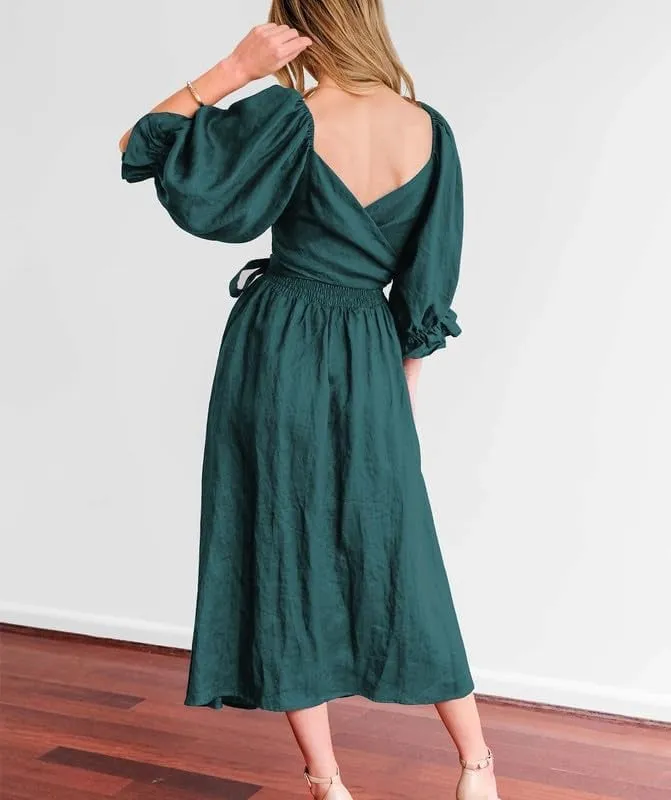 NEW LUOCY Women's Tie Back Long Summer Puff Sleeve Dress Ruffle Wrap Reversible Rope Belt Ruffle Trim Shirred Ruffle Dress, Sz M