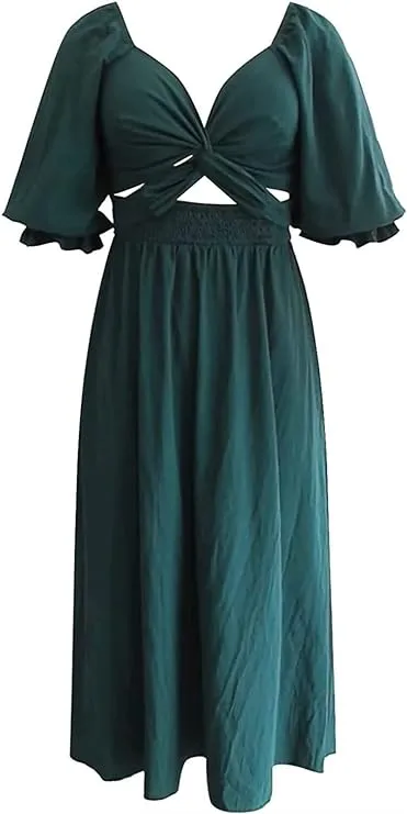 NEW LUOCY Women's Tie Back Long Summer Puff Sleeve Dress Ruffle Wrap Reversible Rope Belt Ruffle Trim Shirred Ruffle Dress, Sz M