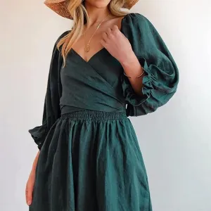 NEW LUOCY Women's Tie Back Long Summer Puff Sleeve Dress Ruffle Wrap Reversible Rope Belt Ruffle Trim Shirred Ruffle Dress, Sz M