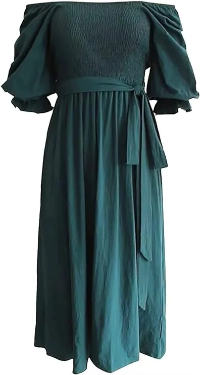 NEW LUOCY Women's Tie Back Long Summer Puff Sleeve Dress Ruffle Wrap Reversible Rope Belt Ruffle Trim Shirred Ruffle Dress, Sz M