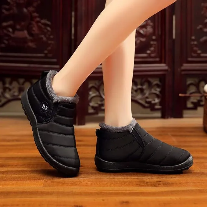 New Women's Slip on Fur Fleece Lined Waterproof Lightweight Comfortable Plush Wear Resistance Non Slip Ankle Boots, Warm Casual Versatile Breathable Black Sz 6.5