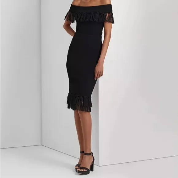 NWT $225 Lauren Ralph Lauren Rib-Knit Pencil Skirt with Fringe-Trim Black Small
